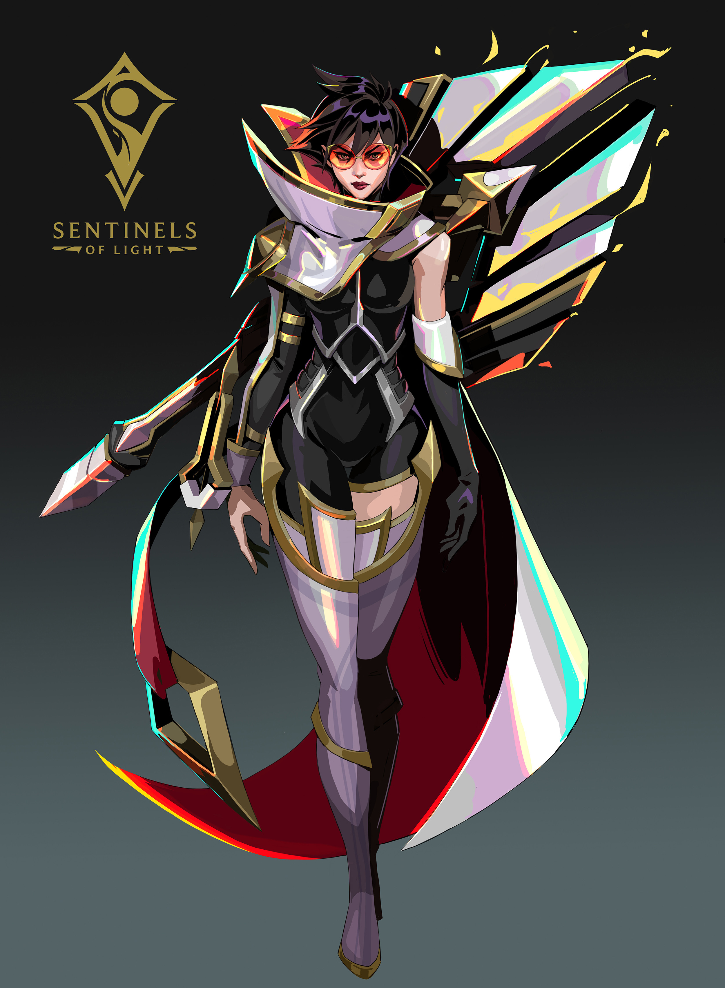 this is a piece of promotional artwork for the "sentinels of light" event in league of legends, featuring the champion riven.  the illustration shows riven in a redesigned, futuristic and stylized armor.  she holds a large, energybased weapon, and her design incorporates elements of purple, gold, black, red, and white.  the artwork is done in a vibrant, stylized fashion typical of promotional materials for video games. the "sentinels of light" logo is present in the upper left corner.