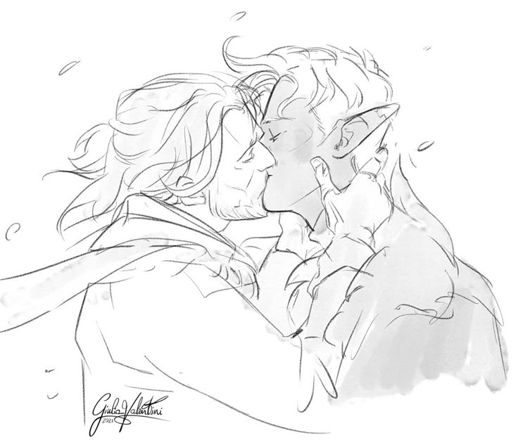 a sketch drawing depicts a man and an elf kissing. the elf is embraced by the man, whose hand is on the elf's cheek.