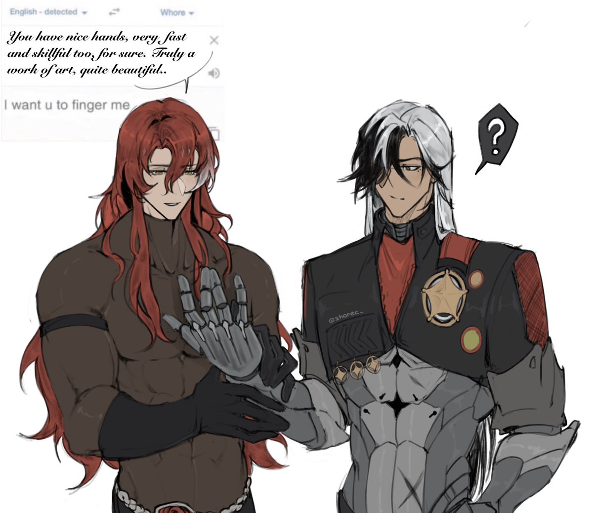 the image is a piece of fanart, likely depicting characters from an anime or manga, showing two muscular men interacting. one has long, red hair and the other has long, white hair. the man with red hair is shirtless, showcasing a muscular physique,  and the other is clad in a dark, stylized outfit with elements suggesting a cybernetic arm or robotic enhancement. there's a dialogue box containing suggestive language and explicit themes between the two characters. the overall style is animeinfluenced digital art. the artwork contains nsfw and potentially explicit content.