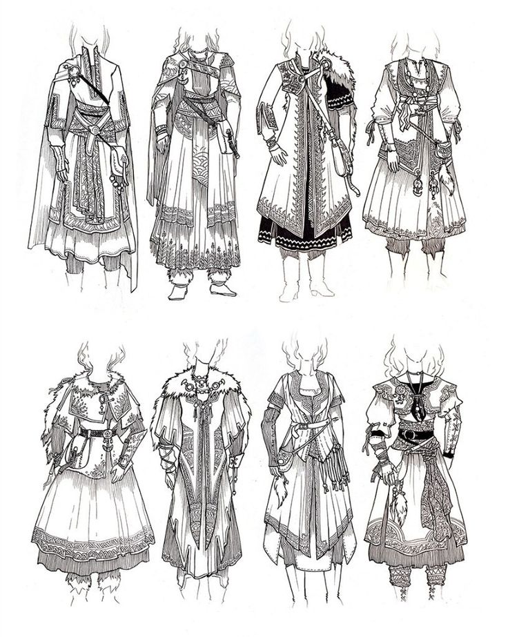 the image contains eight sketches of women's outfits, each in a different style, with a medieval, fantasy, and renaissance aesthetic. the outfits are detailed and include a variety of elements like embroidery, lace, belts, and hats.