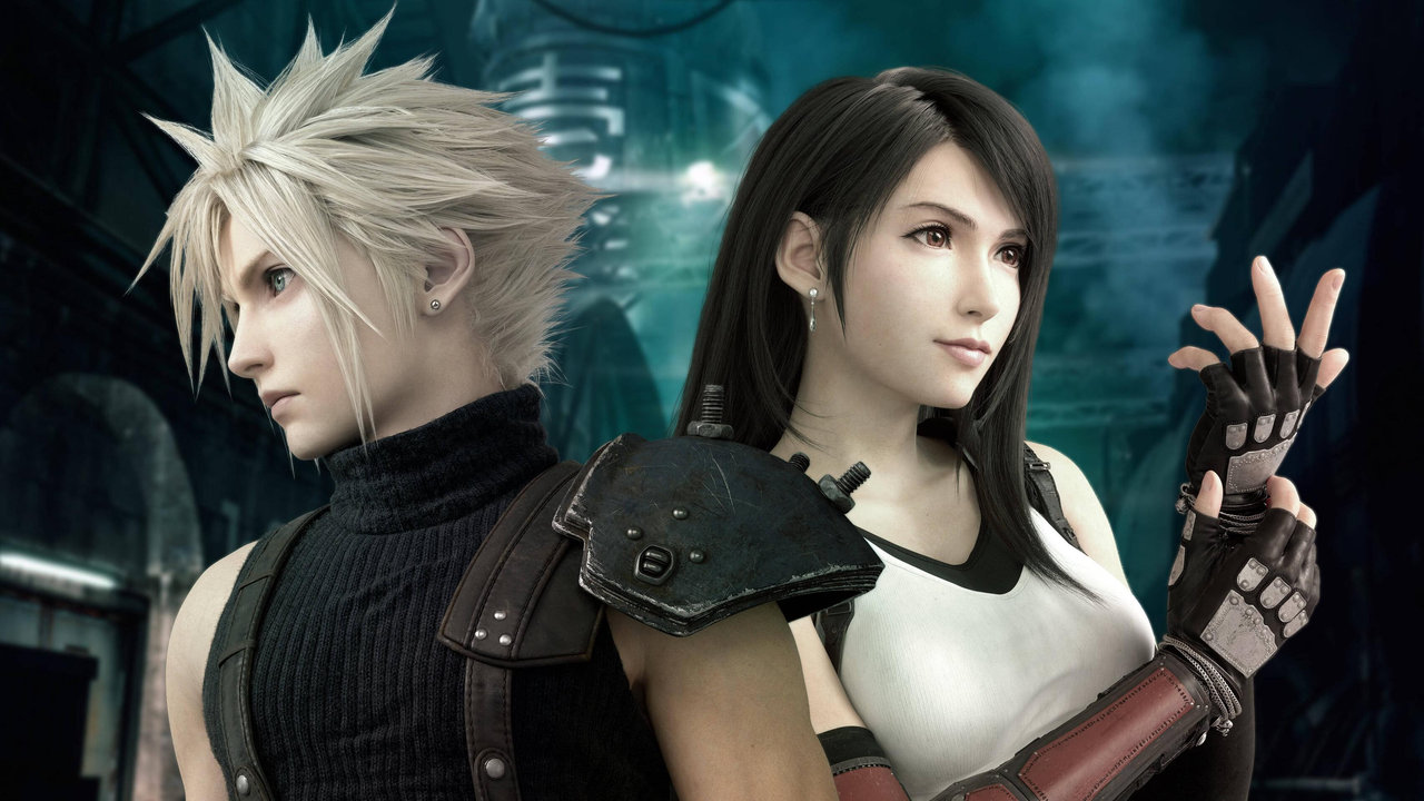 a closeup shot of cloud strife and tifa lockhart from final fantasy vii remake.  they are positioned sidebyside, with cloud slightly behind tifa.  both are shown from the chest up, emphasizing their detailed character models and attire. the background is dark and atmospheric, fitting with the game's aesthetic.  the image showcases the characters' detailed features, from cloud's spiky blonde hair and tifa's dark hair to the intricate designs on their outfits and accessories. the focus is sharp, bringing out the fine details and texture of their clothes and the environment.