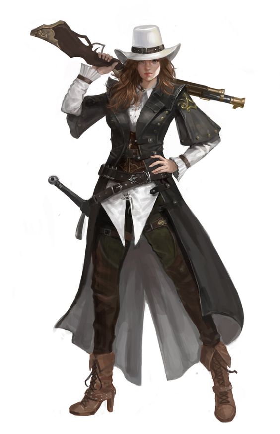 the image shows a female character design, likely for a fantasy game or story. she is dressed in a westerninspired outfit with steampunk elements.  she wears a white cowboy hat, a long black coat, a white shirt, brown pants and boots, and a brown leather corset. she is armed with a rifle slung over her shoulder and a sword on her hip. the character is posed against a plain white background.