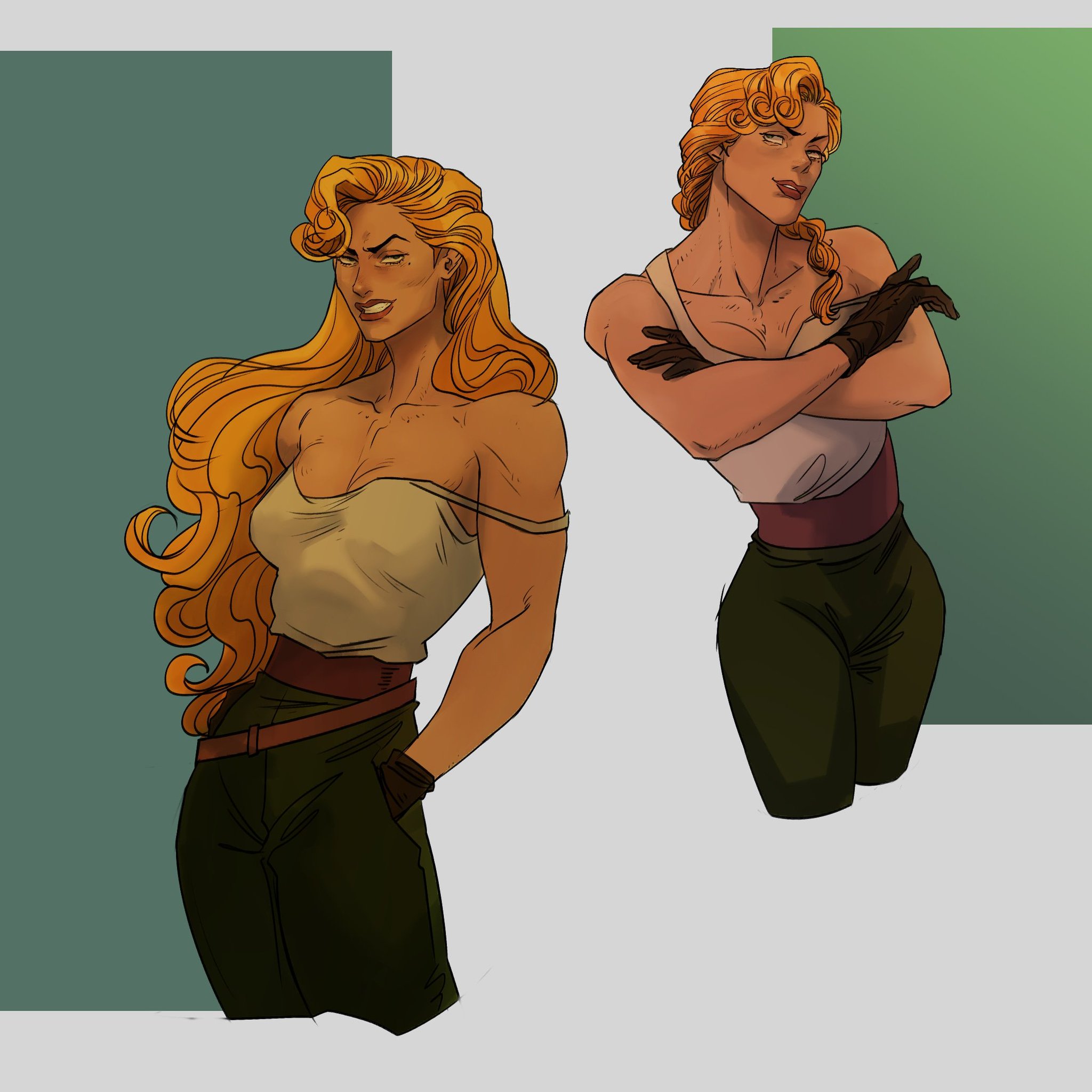 the image shows two illustrations of a muscular woman with blonde hair. in the first illustration, she has long, wavy hair and is wearing a white tank top and green pants with a belt. she has one hand in her pocket and a smug expression on her face. in the second illustration, her hair is in a braid, and she's wearing the same tank top and pants, but with a dark red sash around her waist and black gloves. her arms are crossed, and she has the same smug expression. the background is divided into green and grey sections.