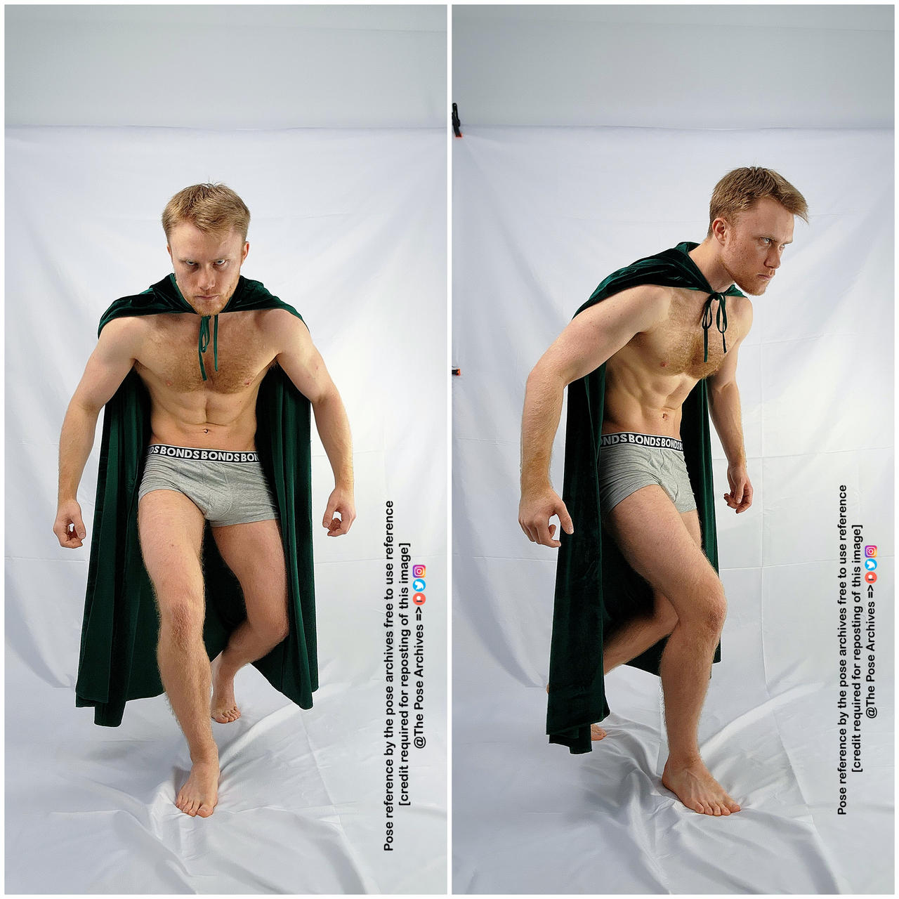 a man wearing a green cape and underwear is posing for a photo shoot in front of a white background. he is in two different poses: one where he is standing with his feet apart and his fists clenched, and another where he is taking a step forward with his right leg. the lighting is soft and the perspective is at eye level.