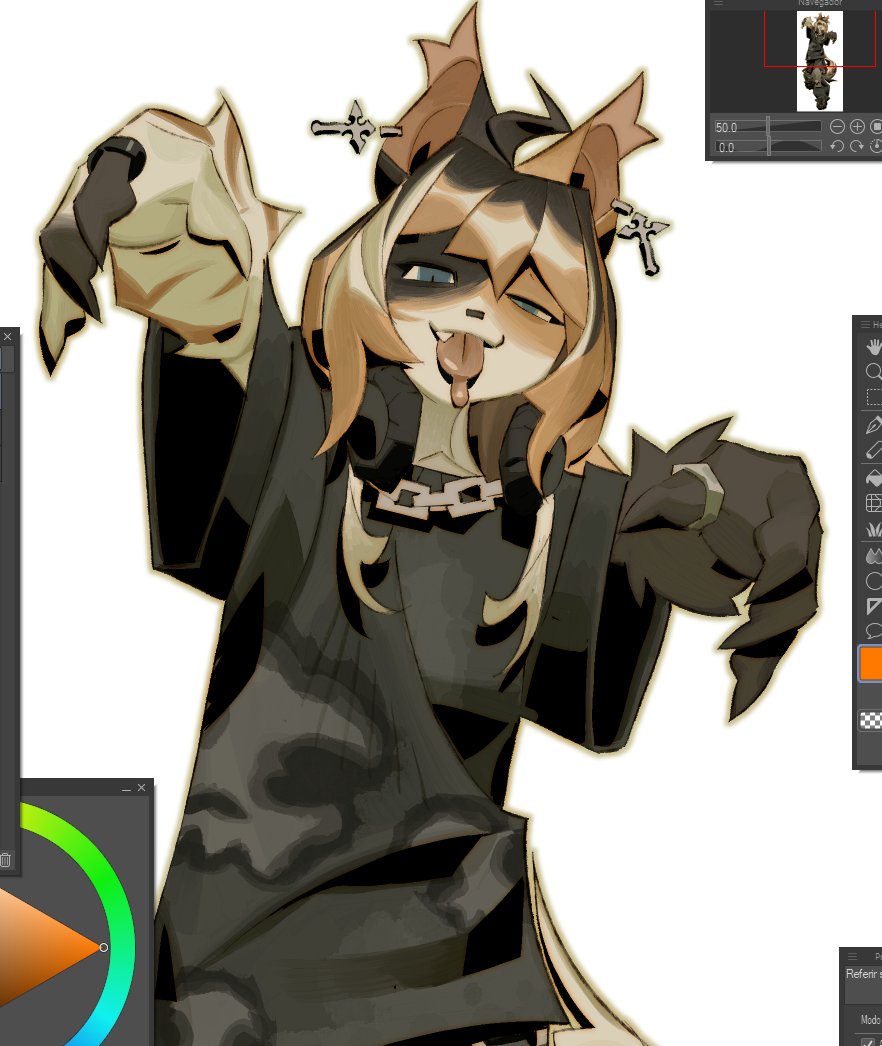the image showcases a digital painting in progress.  the main focus is a stylized anthropomorphic fox character with long, blondebrown hair, wearing a dark oversized shirt and gloves. the character has a playful, almost mischievous expression with its tongue sticking out.  the art style leans towards anime and furry aesthetics with a strong emphasis on stylized proportions and shapes. the image also shows a portion of the artist's digital painting software interface, including a color palette, layers, and various tools, indicating that the image is a work in progress and provides context to the creative process.  a smaller image in the upper righthand corner looks like a reference image for the character's pose.