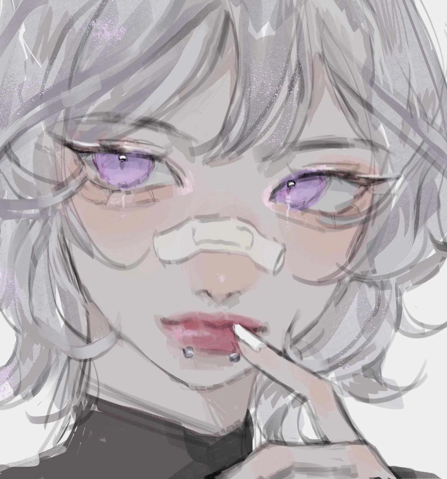 the image is a digital painting or drawing of an animestyle girl.  she has long, greylavender hair, pale skin, and large purple eyes.  there's a bandaid on her nose, and she has lip piercings. her expression is somewhat melancholic or sad. the art style is soft and ethereal, with subtle shading and muted colors.  the girl is shown from the chest up, with one finger touching her lip.  the overall aesthetic is soft and slightly mysterious.