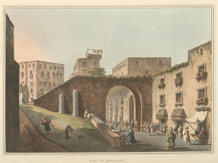 an illustrated street scene of jerusalem featuring stone buildings, an archway, and a busy marketplace with people and merchants. the image has a historical, vintage quality.