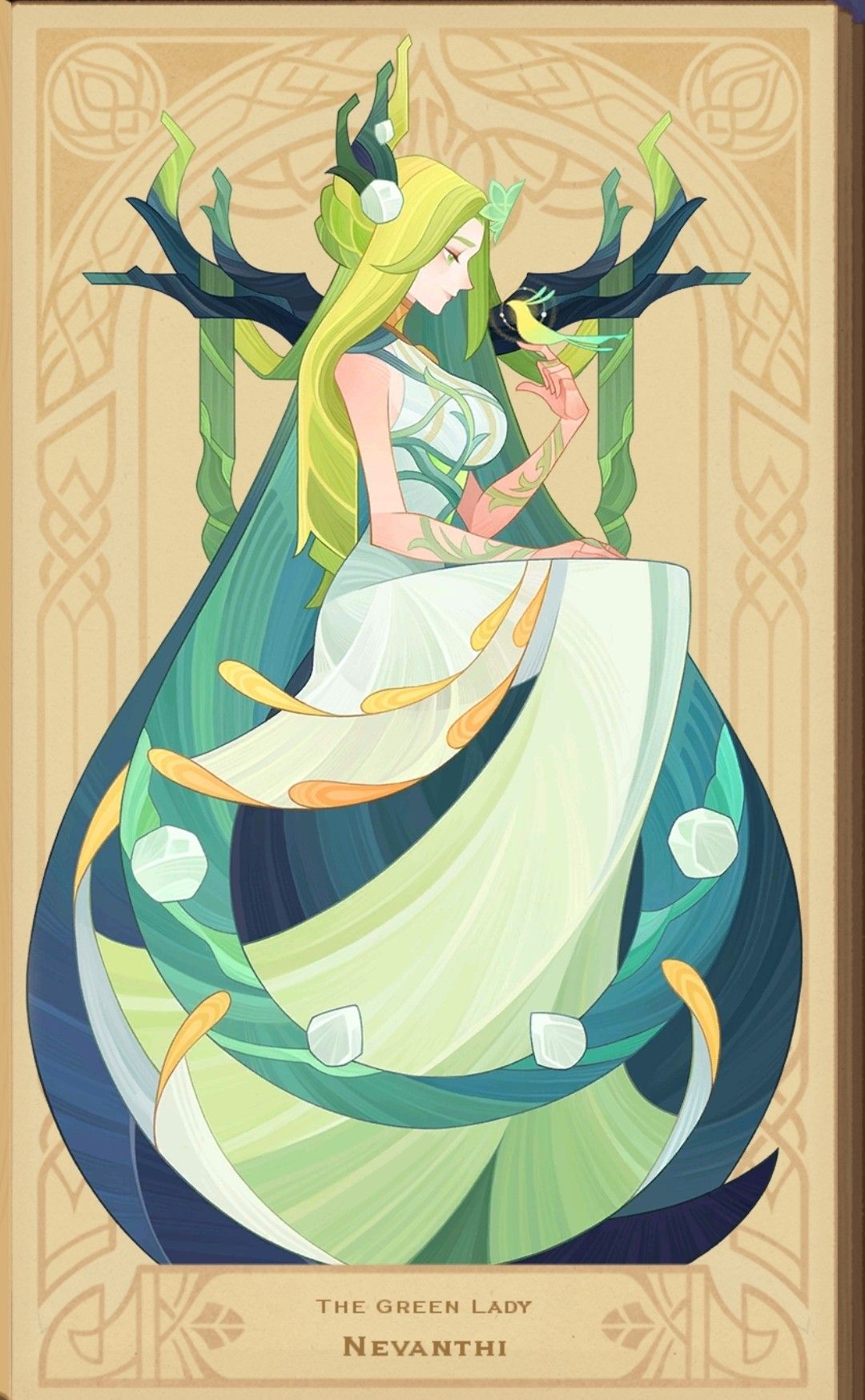 an illustration of a woman with long blonde hair, fair skin, and green eyes, wearing a long flowing white and green dress. she is sitting and looking at a bird perched on her hand. she is surrounded by green leaves and branches. the overall style of the illustration is art nouveau.