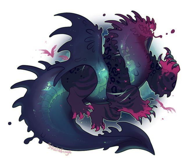 an illustration of a cute, chubby dragon with dark purple and blue scales, wings, and tail, highlighted with pink claws, spikes, and details. the dragon has a nebulalike pattern on its body and stands on its hind legs.