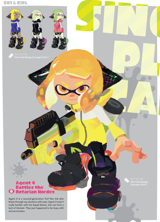 this image showcases concept art for agent 4 from the video game splatoon 2. agent 4, a yellowclad inkling armed with a splattershot, is prominently featured against a stylized backdrop. text provides insights into the character's background and role in the game.
