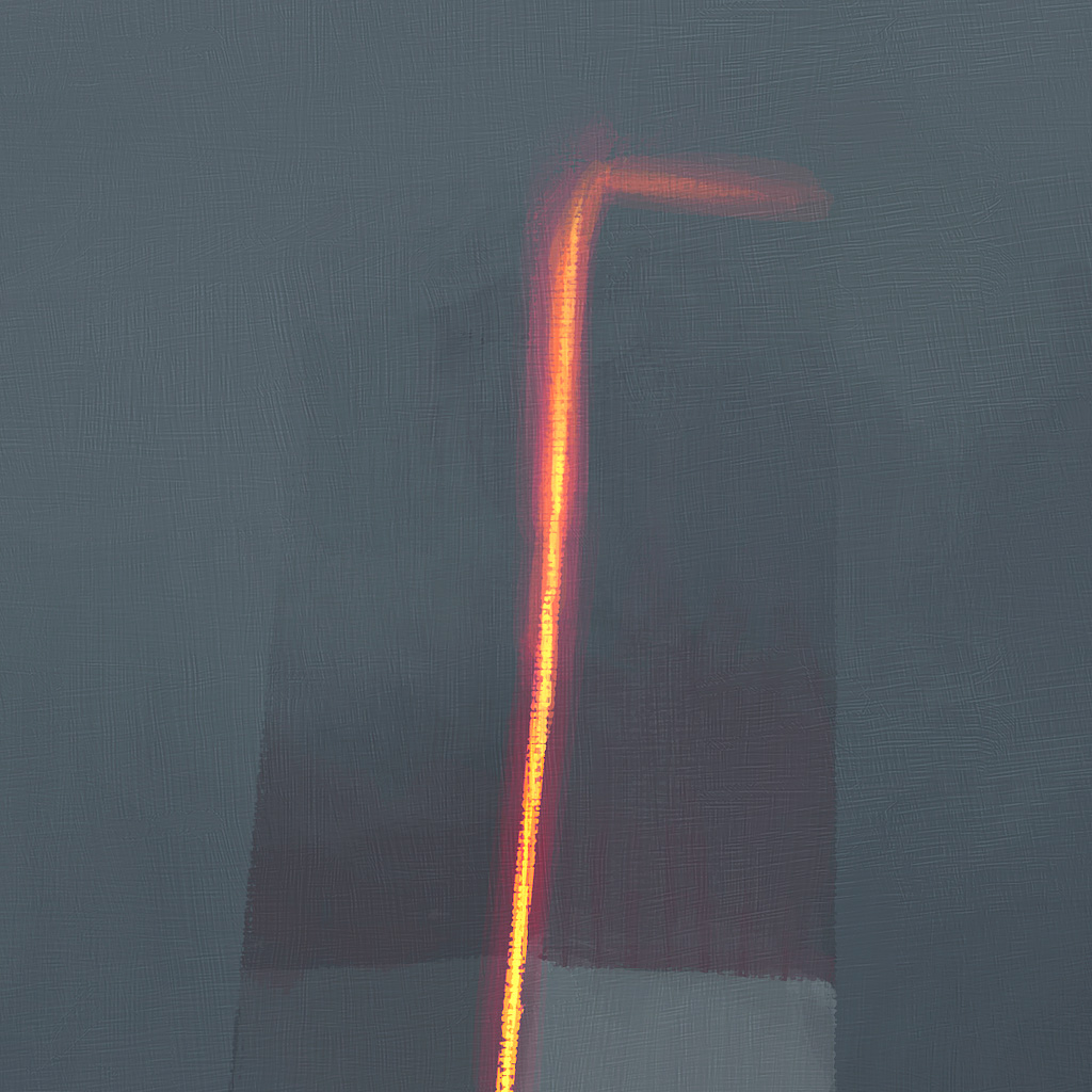 a digital painting of an abstract art piece. the image is mostly gray with an orange line that goes up the center of the image and bends to the left.