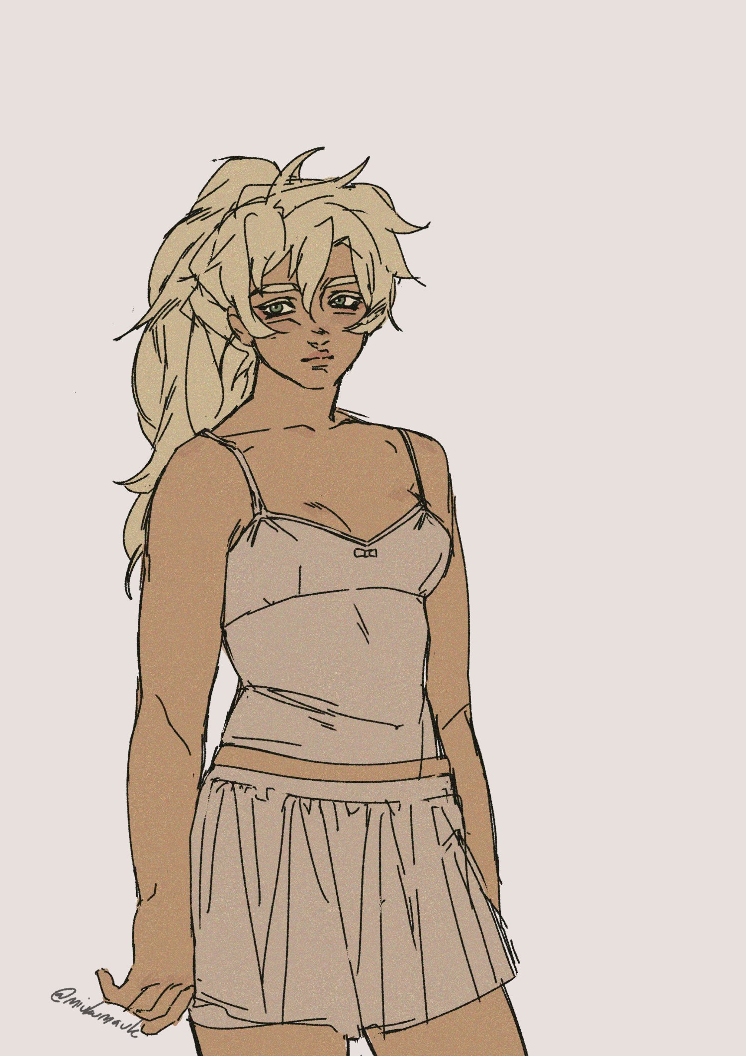 this is a line art drawing of a woman. she is wearing a white sleeveless tank top with a beige skirt. she has long blonde hair and is standing with her arms at her sides, looking towards the right of the image.