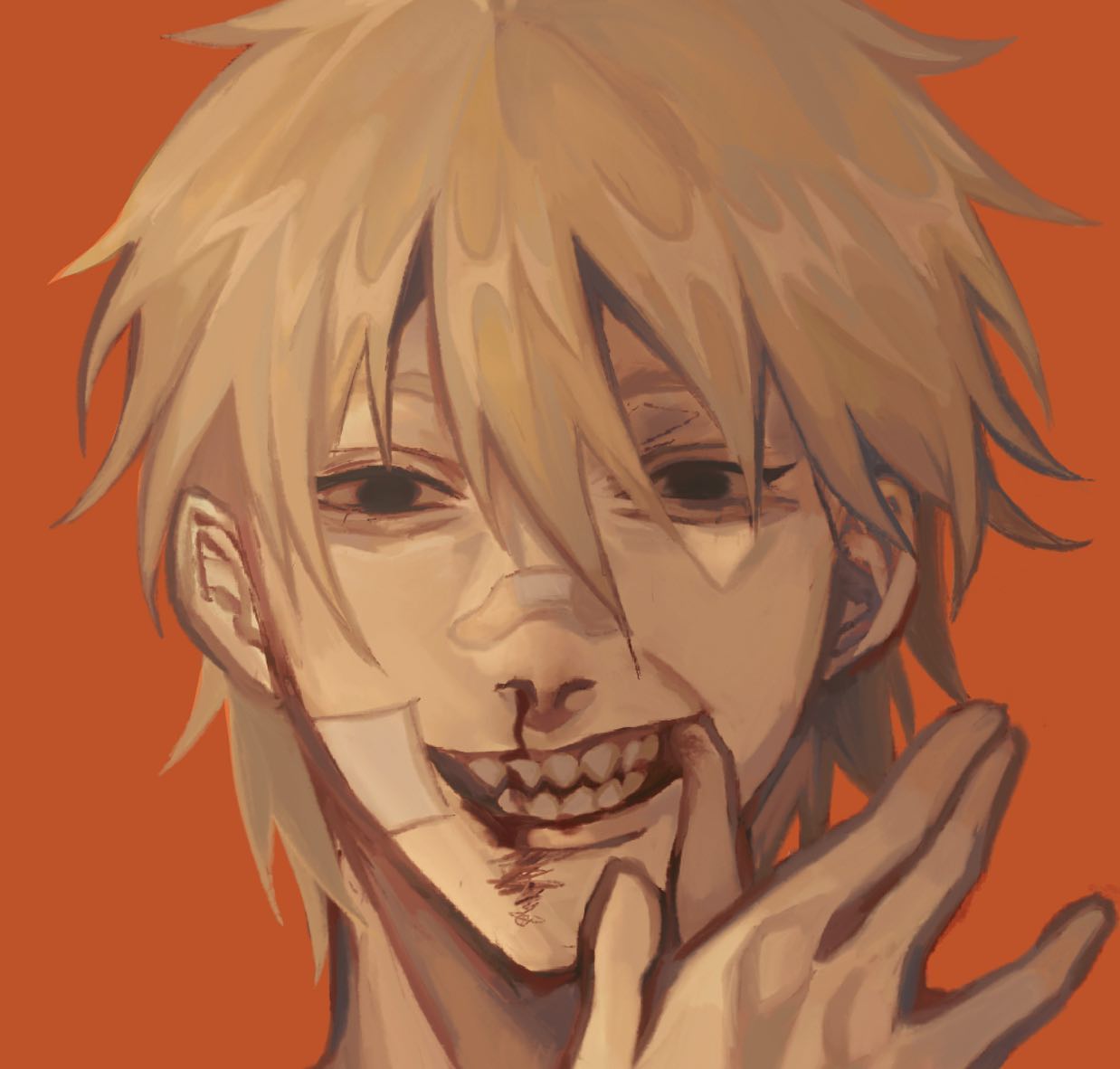 he image is a digital painting or illustration of an animestyle young man with blond, messy hair. he has a closeup, detailed face with a disturbing expression. his face is injured, with blood around his mouth and a bandage on his nose. he is smiling in a creepy, sinister way. the background is a solid orange color. the art style is unique and attentiongrabbing. the overall mood is unsettling and mysterious.