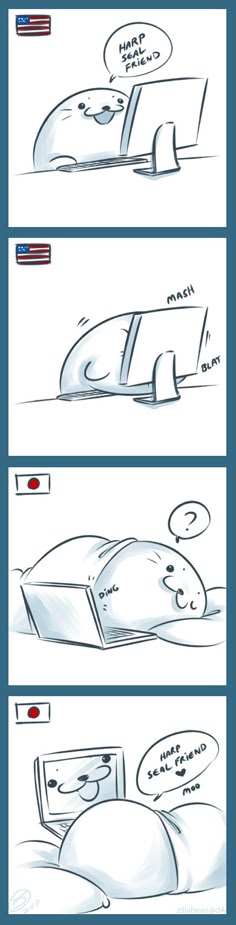 this is a comic strip with 4 panels that shows a seal using a laptop to communicate with other animals.  in the first panel, the seal is on a video chat with a harp seal. in the second panel, the seal is scrolling through the internet with a chat box that says, "march." in the third panel, the seal is looking at a video of a harp seal with a chat box that says "blart." in the last panel, the seal is on a video chat with a harp seal with a chat box that says, "harp seal friend, moo."