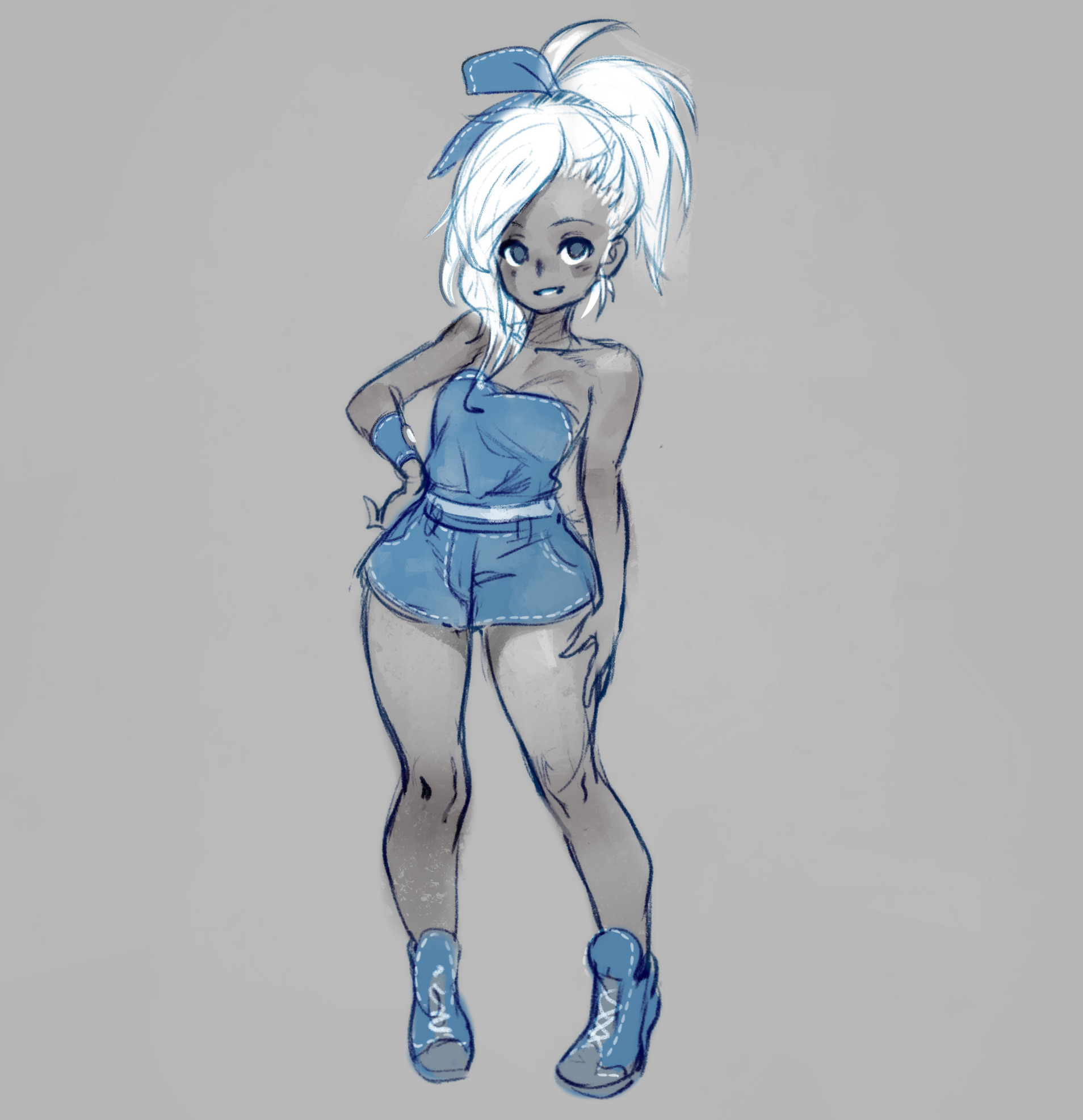 a sketch of an anime girl with white hair, wearing a blue top and shorts, standing in a casual pose. she is wearing blue sneakers with white laces and has a blue bow in her hair. the image is a digital sketch and is made with a blue and gray color scheme.