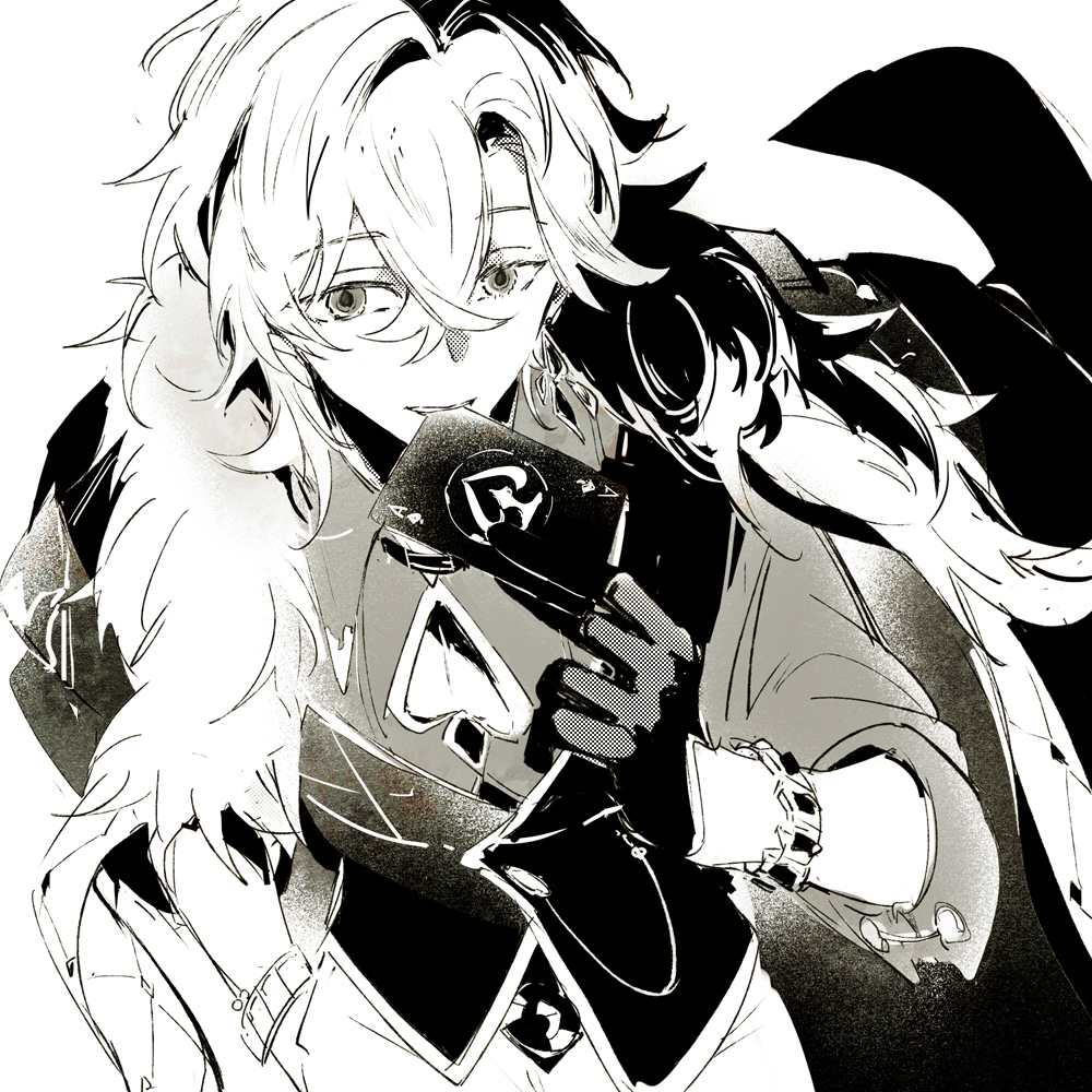 the image depicts a young male anime character with white and black hair, wearing glasses, holding a cardlike weapon. his pose is dramatic and actionpacked, as he stares intensely at something offscreen. the style of the artwork is dark and edgy, with sharp lines and dramatic shading. the character's attire and overall demeanor suggest a sense of power and confidence. the overall impression is one of excitement and anticipation, as if the character is about to engage in a thrilling battle or challenge.