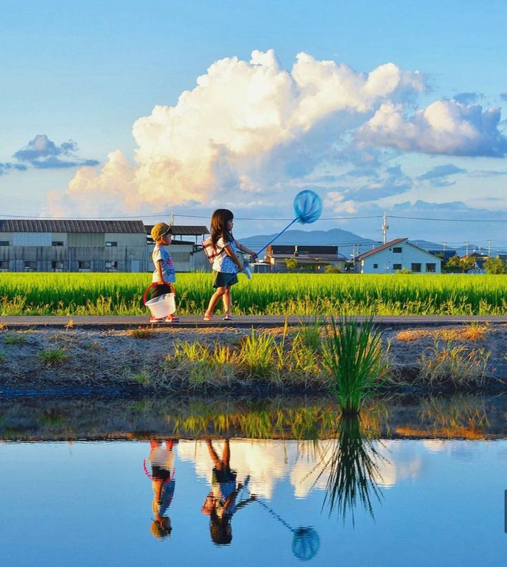 a serene landscape showcases two children, a boy and a girl, walking along a road adjacent to a vibrant green rice field. the children are mirrored in the still water of a pond below, creating a beautiful reflection of the sky and the fluffy white clouds above. the girl carries a fishing net, while the boy holds a bucket. houses are visible in the background.