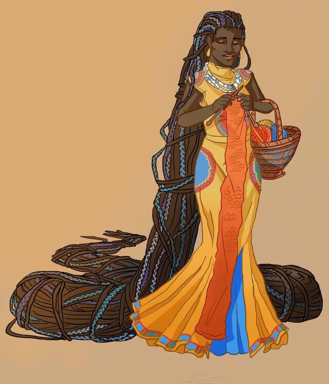the illustration depicts a darkskinned woman with extraordinarily long, intricately braided hair that pools around her on the ground like a large rope.  she is dressed in a flowing yellow and blue dress with orange details, and she is calmly knitting an orange garment, holding the needles and a basket of yarn. the style is reminiscent of fantasy art or an illustration from a storybook, with rich colors and detailed clothing. the overall tone is serene and peaceful.