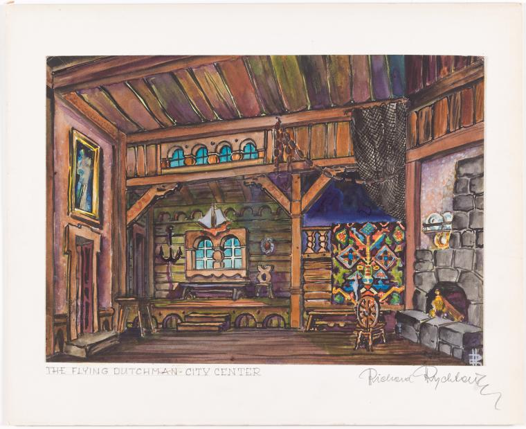 the image is a painting or illustration depicting the interior of a room. the title on the bottom left of the image is "the flying dutchmancity center" and the artist's name "richard rychtarik" is signed on the bottom right. the room appears to be a common area or living space with wooden walls and beams, a fireplace, and various pieces of furniture. there is a window in the center of the room with a model ship hanging above it. to the left of the window is an opening with a painting on the wall. a chair is placed in front of the fireplace on the right side of the room. the lighting suggests a warm and inviting atmosphere.