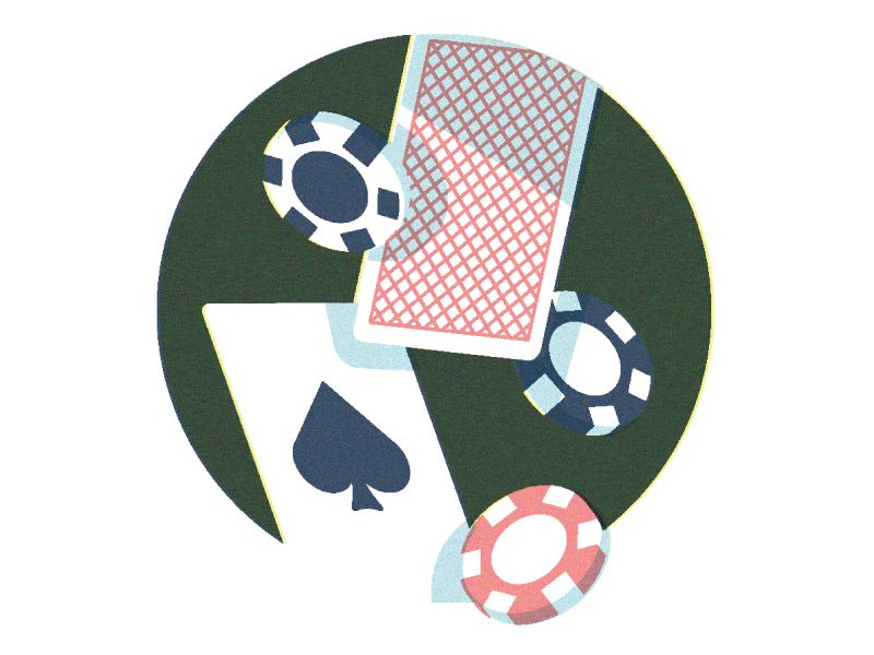 the image shows a dark green circle with an arrangement of playing cards and poker chips. there is one card face up showing a spade and one card face down showing a red and white grid pattern. there are three chips scattered around the cards, two are blue and one is red.