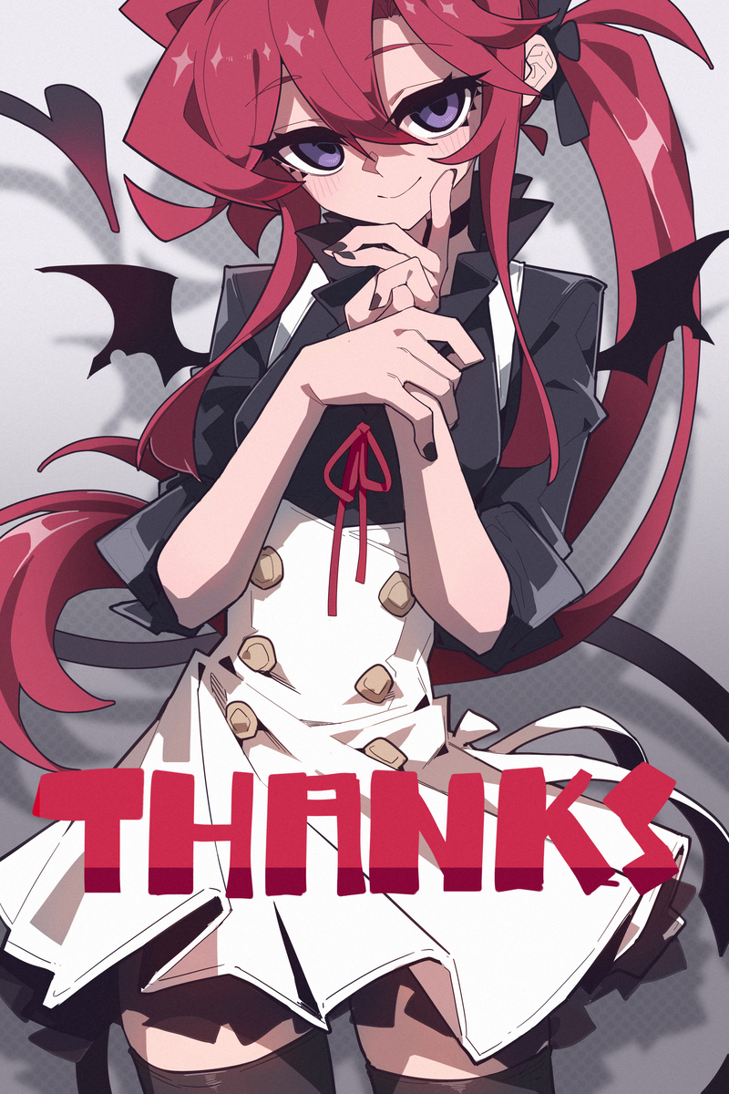 an anime girl with red hair, purple eyes, and black nails is featured in the image. she is wearing a white dress with brown buttons, a black shirt, and a black choker. she has a mischievous smirk on her face and bat wings in the background. the word 'thanks' is written in bold red letters across the bottom of the image.