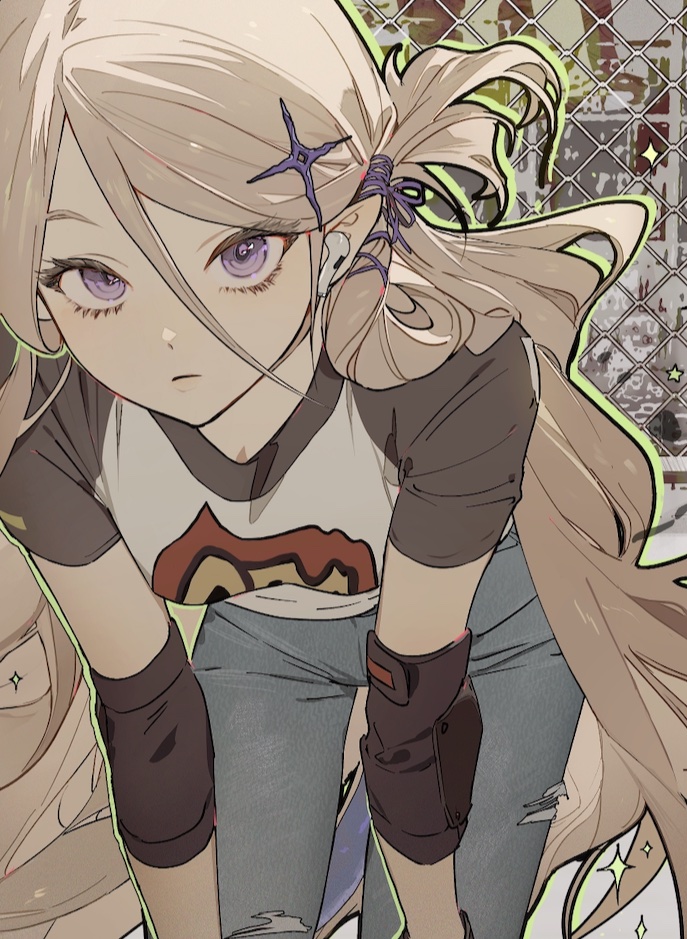 he image shows an animestyle illustration of a young woman with long blonde hair styled in a ponytail. she has striking purple eyes and is wearing casual clothing, including a tshirt with a graphic design, jeans, elbow pads, and knee pads. the background suggests an urban setting, with a chainlink fence visible. the art style is modern and detailed, with a focus on fashion and character design. the overall impression is one of a stylish and confident young woman, possibly a skateboarder.