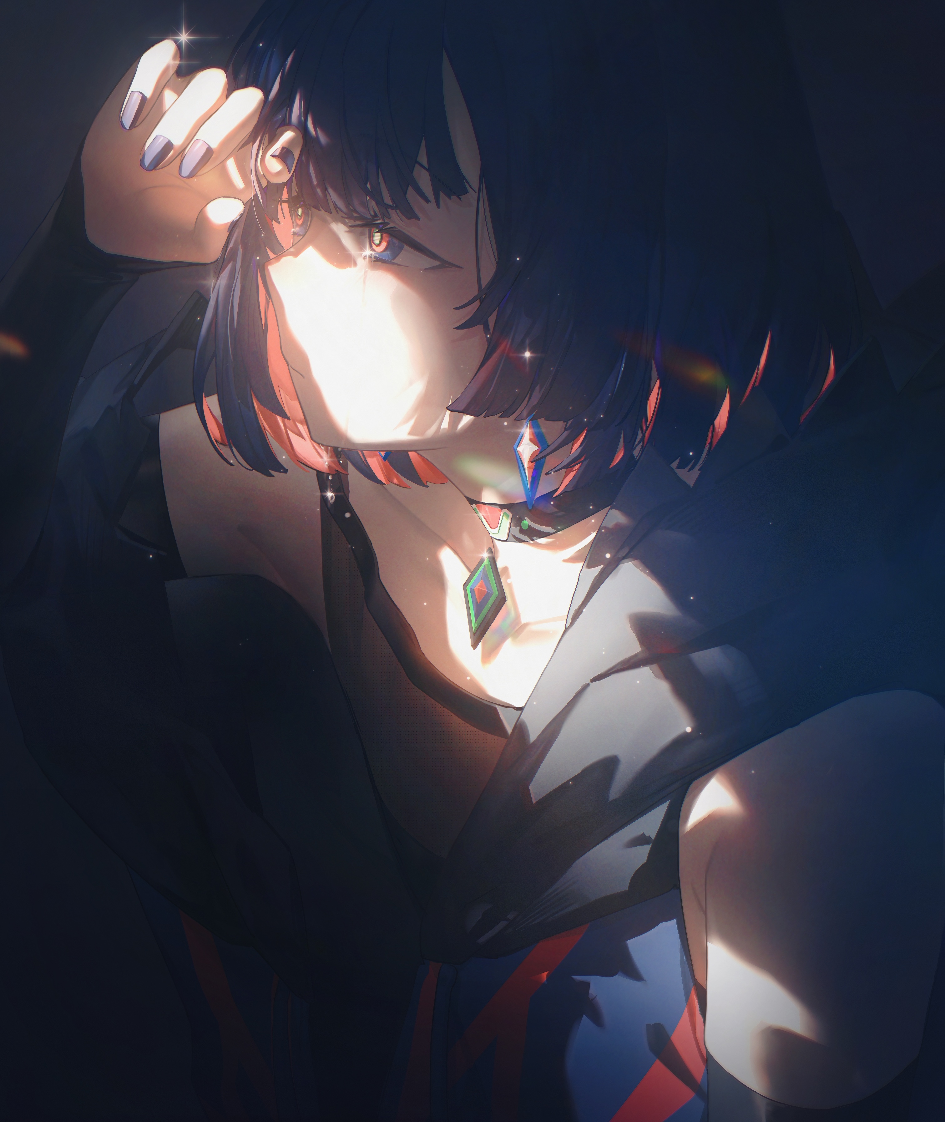 an anime style drawing of a girl with short black hair with red and blue highlights. the girl has fair skin and red eyes, and she is wearing blue nail polish. she is wearing a diamond shaped necklace and has a diamond marking on her face. she is holding her hand up as if she is shielding herself from the light. the image is cast in darkness and shadows.