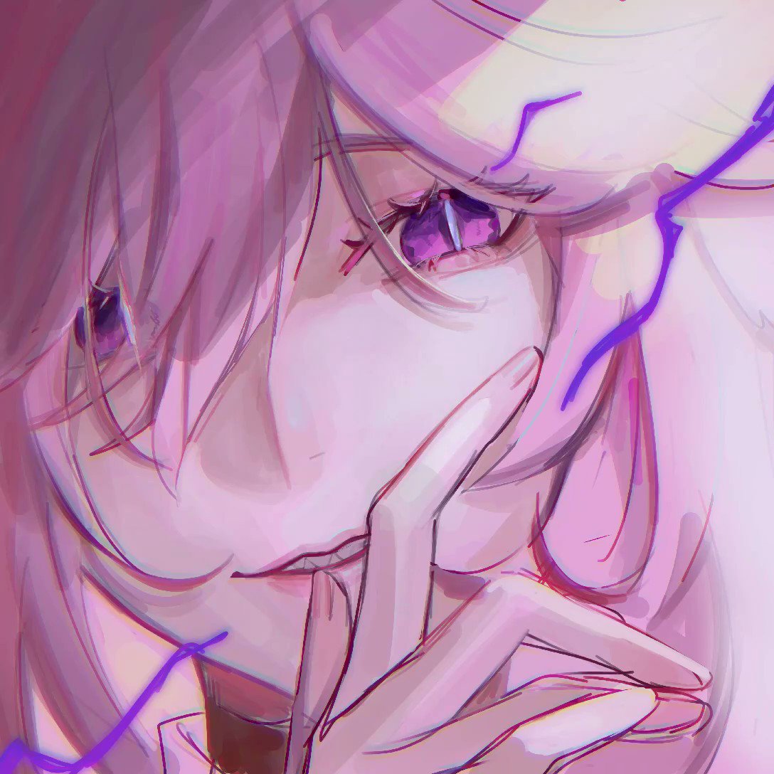 this is a closeup illustration of a beautiful anime girl with pink hair, purple eyes, and a soft smile. her hand is placed near her mouth, with her finger covering part of it. the illustration is done in a digital style, using soft colors and a blurry effect, creating a dreamy and whimsical atmosphere.