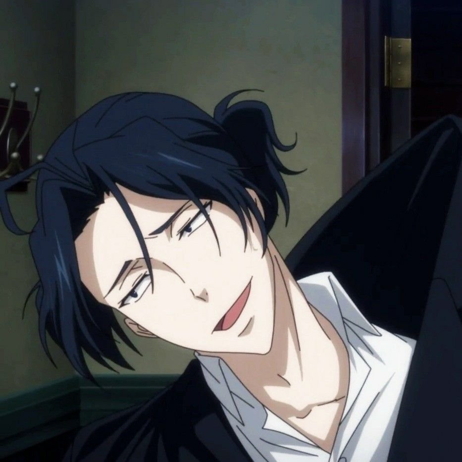 a closeup portrait of a handsome anime male character with black hair, wearing a white shirt and a dark suit, smirking. he's positioned against a dark background with shadows playing on his features. the image appears to be a digital illustration, showcasing his detailed design and expressive features.
