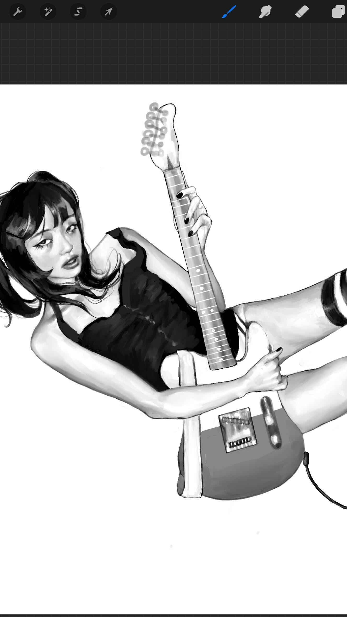 a black and white illustration of a young woman lying down while holding and playing an electric guitar. she is wearing a corsetstyle top and short shorts with socks. her hair is styled with bangs and she has a cool, alternative vibe. the style is artistic and illustrative.