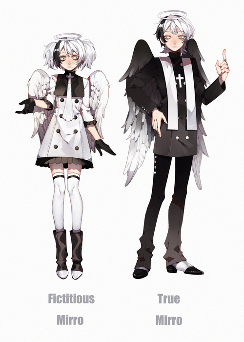 the image showcases two characters, seemingly angelthemed with contrasting appearances. on the left, a more feminine figure wears a short white dress resembling a stylized priest's robe, complemented by black accents and thighhigh socks. the right figure, more masculine, dons a sleek black suit adorned with similar religious motifs. both characters possess white wings, halos, and strikingly styled black and white hair. the backdrop is a stark white, emphasizing the characters and their attire. the words "fictitious mirror" and "true mirror" are positioned below the female and male characters, respectively.
