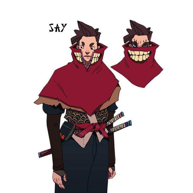 a cartoon character with a red hooded cloak. the character is a warrior, likely a ninja or samurai. the character holds two swords behind its back and has a black and red outfit. the character is drawn in a graphic style, with bold lines and bright colors.  the character's face is obscured by the hood.  a second, smaller version of the character's face is shown in the upper right hand corner, with a large toothy smile.