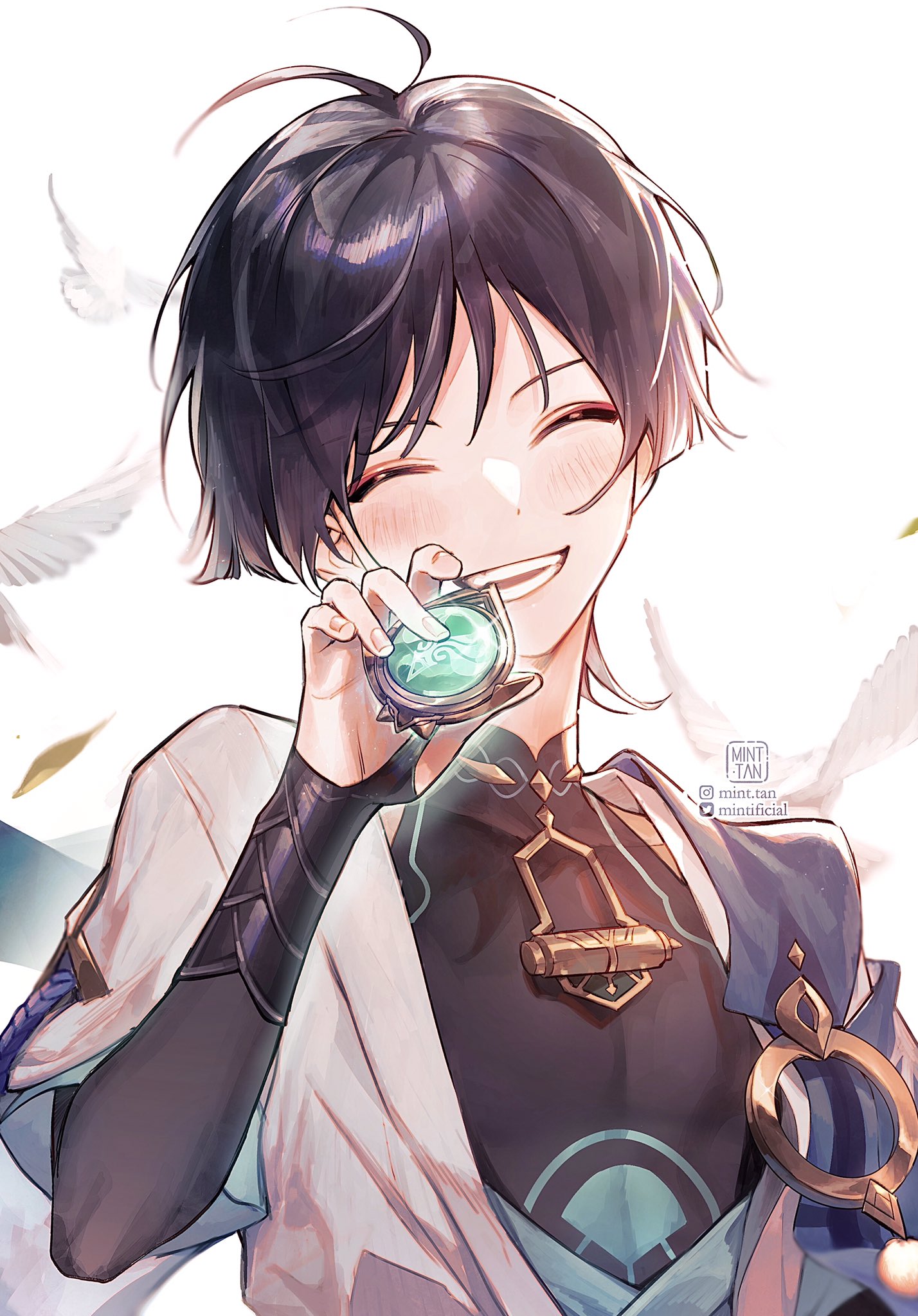 a closeup illustration of an anime boy with dark hair and eyes, smiling and holding a green compass. he is wearing a black and blue clothing with white accents. his eyes are closed and he appears to be very happy. there are white feathers and other details in the background. the artwork is done in a digital style with a focus on detail.
