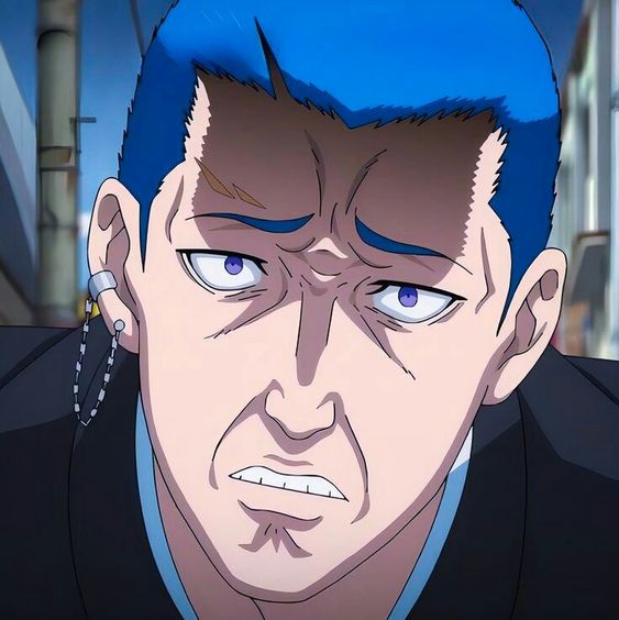a closeup portrait of an adult man with an intense expression. he has bright blue hair and is wearing a black jacket over a white shirt. he has an earring in his left ear and appears to be frowning with worry or concern. the image appears to be a still from an anime or manga and the man's stern look and clothing suggest he could be a yakuza or gangster. the setting appears to be a city street during the daytime.