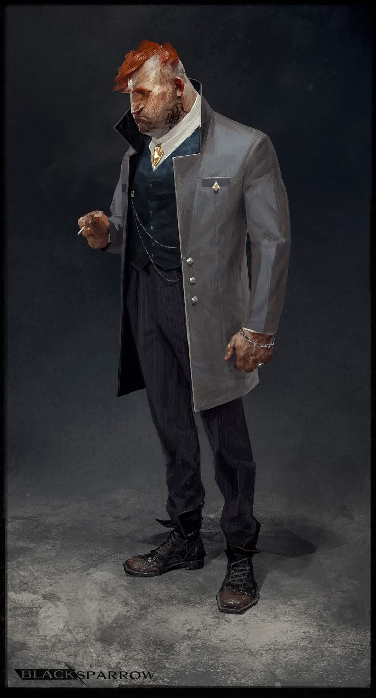 a fullbody digital art piece of a man with red hair standing against a dark gray backdrop. he is wearing a gray overcoat, a dark green vest, a white collared shirt with a gold necklace, dark pants, and black boots. he has a tattoo on his neck, and jewelry on his hand. he is holding a cigarette in his left hand. the words "blacksparrow" are visible at the bottom of the image.