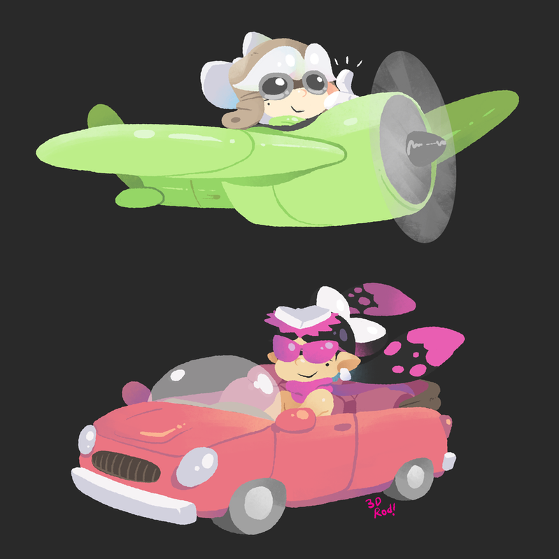 an inkling and an octoling are shown in a cartoon style. the inkling, with white hair and a white pilot's cap and goggles, is piloting a green and white plane. the octoling, with black hair and a pink and white cap and sunglasses, is driving a red car. the image is set against a black background. the plane is in the top part of the image and the car is in the bottom part. the inkling is looking straight ahead and the octoling is looking to the left. the plane has a propeller on the back and the car has a large windshield.