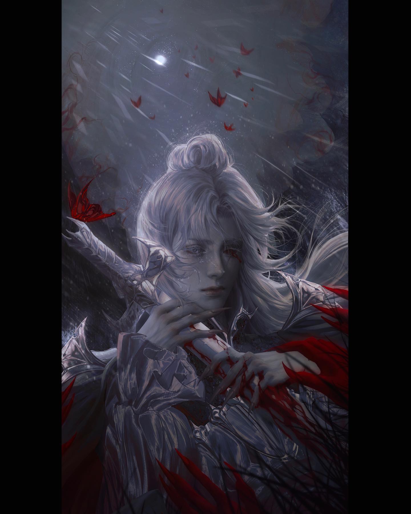 the illustration showcases a male elf, seemingly a warrior, amidst a shadowy forest. his attire, a blend of silver armor and flowing red fabric, hints at battle. the presence of blood on his hands and sword further emphasizes this.  adding to the somber mood, red butterflies flutter around him against a backdrop of a dark, cloudy sky. his expression, a mix of sorrow and defiance, adds depth to the overall narrative of the artwork.