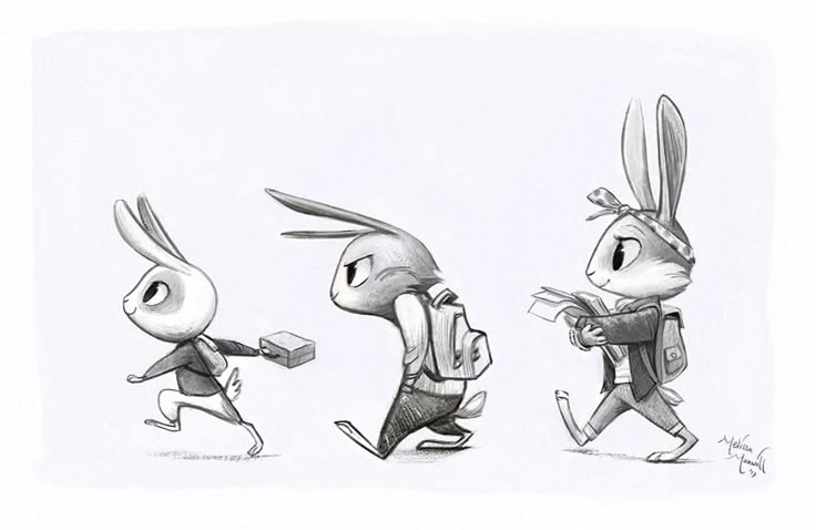 the image is a black and white pencil drawing of three anthropomorphic bunnies going to school. the first bunny is skipping with a lunchbox in hand. the second bunny has a backpack and looks disgruntled. the third bunny is carrying a stack of books and smiling. all the bunnies are wearing clothing and going to school.