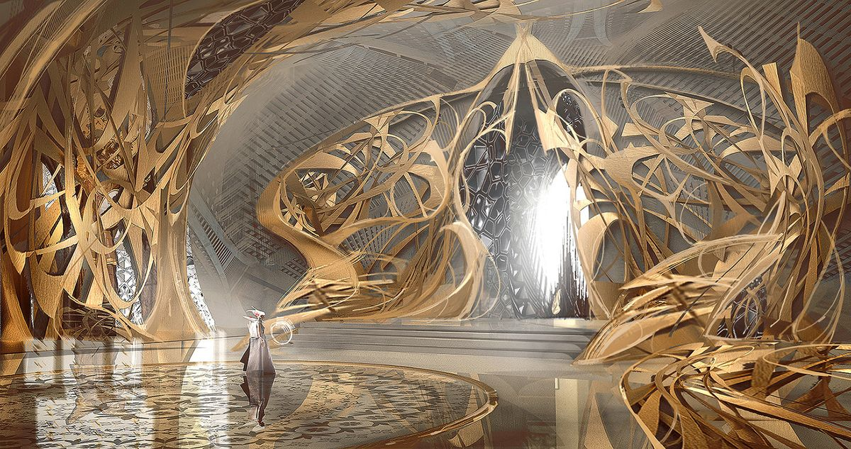 the image shows a grand, opulent hall, likely a throne room, crafted entirely from intricate goldcolored metalwork. a lone figure, a woman, stands on a reflective platform in the center, her back to the viewer. the focal point is a massive, ornate structure at the far end of the hall, resembling a throne or portal, emanating a brilliant white light. the hall's design blends organic, flowing forms with futuristic architectural elements.