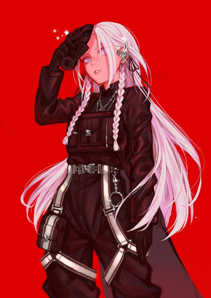 a digital illustration of a stylish anime girl with white hair and black clothing. she is posing with a camera, holding it to her face. she has on a long, black jacket with silver accents and a black pants with straps.  she is wearing a black choker with a silver pendant and has silver earrings.  she is standing on a red background.
