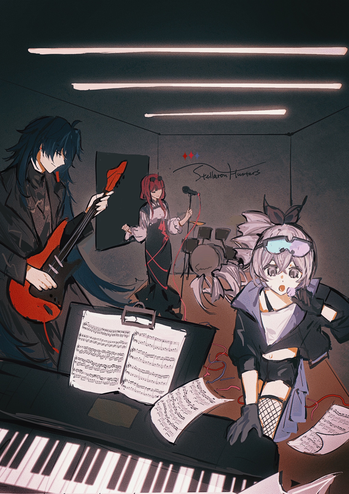 this is a digital art illustration of an anime band. the band consists of three girls. one is playing an electric guitar, another is singing into a microphone, and the third is playing a piano. they are all dressed in black and white clothing and have colorful hair. the illustration is set on a stage with a microphone stand and a piano. there is also some sheet music on a music stand. the illustration is very detailed and welldone.