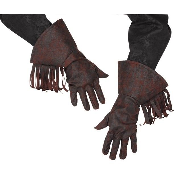 the image shows a pair of long, brown gloves with a fringed cuff. the gloves appear to be made of a textured, possibly suedelike material.  the color is a dark reddishbrown or burgundy. the style is reminiscent of pirate or renaissanceera attire.  the gloves are shown against a dark background, with only the gloves and a portion of the sleeve visible. the gloves are positioned so that one is shown more from the back and the other more from the front.