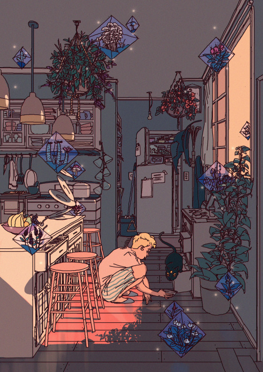 a young man with blond hair kneels on the kitchen floor in a beam of warm sunset light, playfully interacting with a black cat.  the kitchen is filled with an abundance of lush hanging plants and decorated with floating crystals containing miniature plants and mushrooms. the overall atmosphere is cozy, magical, and domestic.