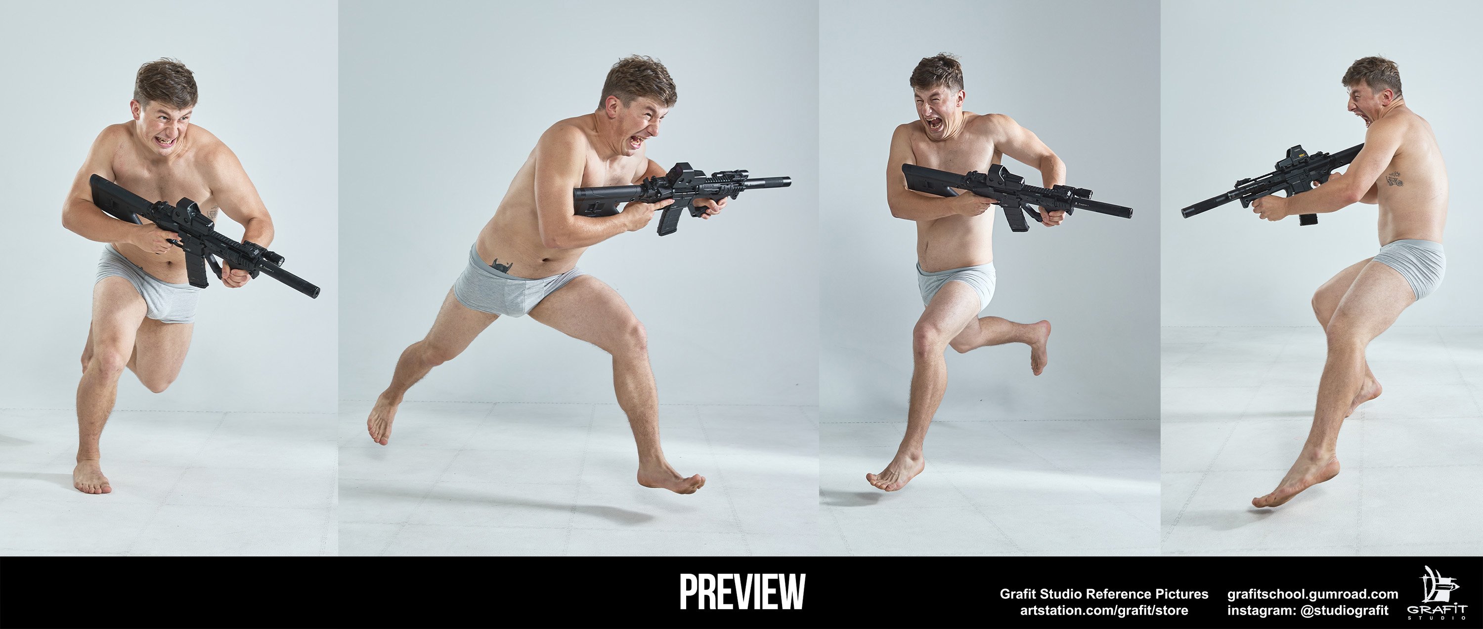 this image shows a man running and leaping holding a rifle while looking forward, a classic action pose. the model is shirtless, wearing a pair of white underwear. the model is posed against a white backdrop, and the image is well lit and focused. the image is suitable for reference purposes, especially for drawing or illustrating characters in action poses.