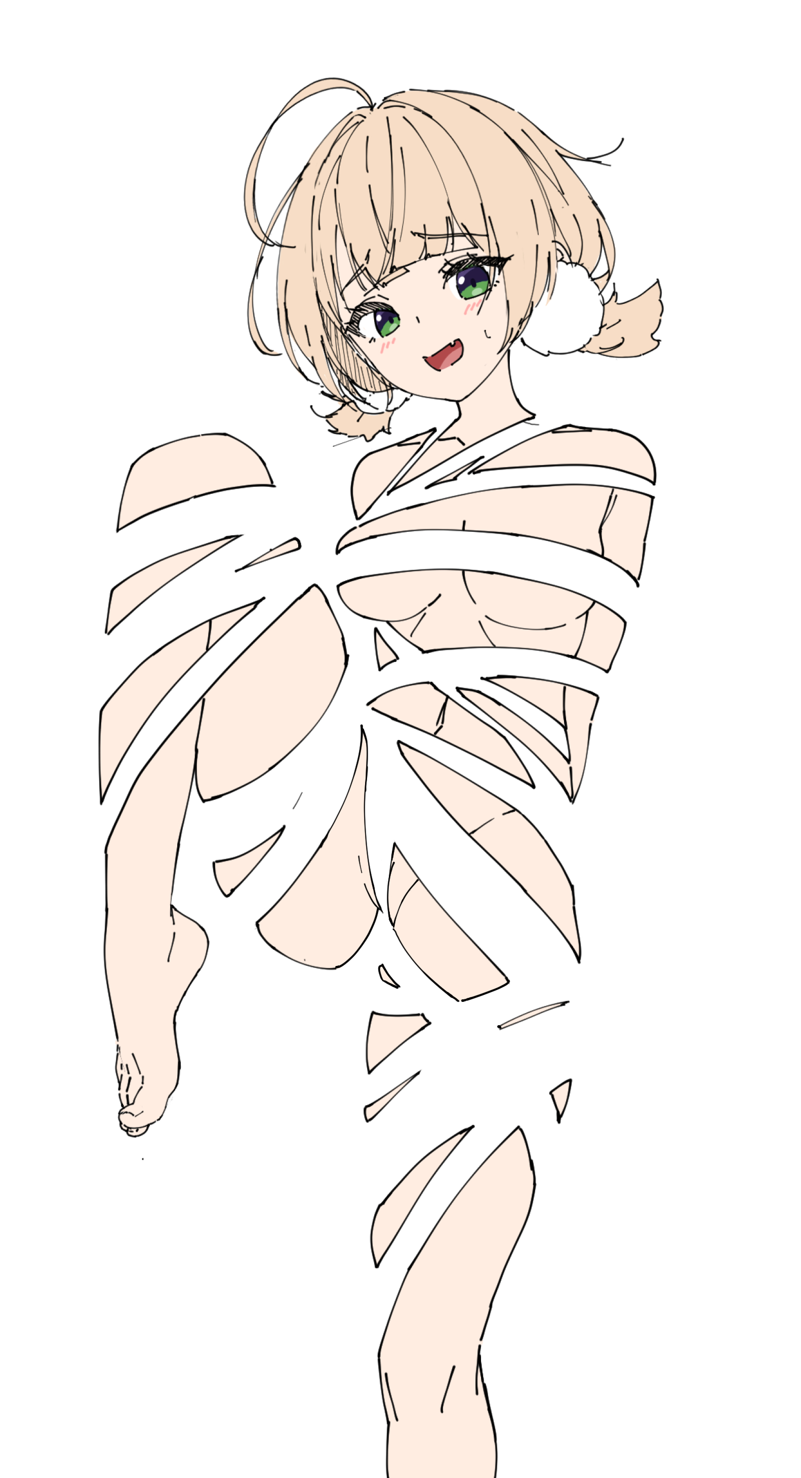 the image is a drawing of an animestyle girl with blonde, short hair and green eyes. she is smiling and appears to be playfully bound or wrapped in white fabric that is fragmented or broken into pieces, revealing parts of her body. the style is a light sketch with simple lines and shading. the background is white.