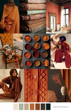 this mood board is a visual representation of an autumn/fall fashion and interior design theme. it showcases a warm and cozy color palette with earthy tones like orange, brown, and green. the images depict various textures and materials, including fabrics, textiles, and wood. there are images of clothing, interior decor, and nature elements, all contributing to a cohesive aesthetic. the mood board offers inspiration for creating autumnal looks and environments that embrace the warmth and richness of the season.