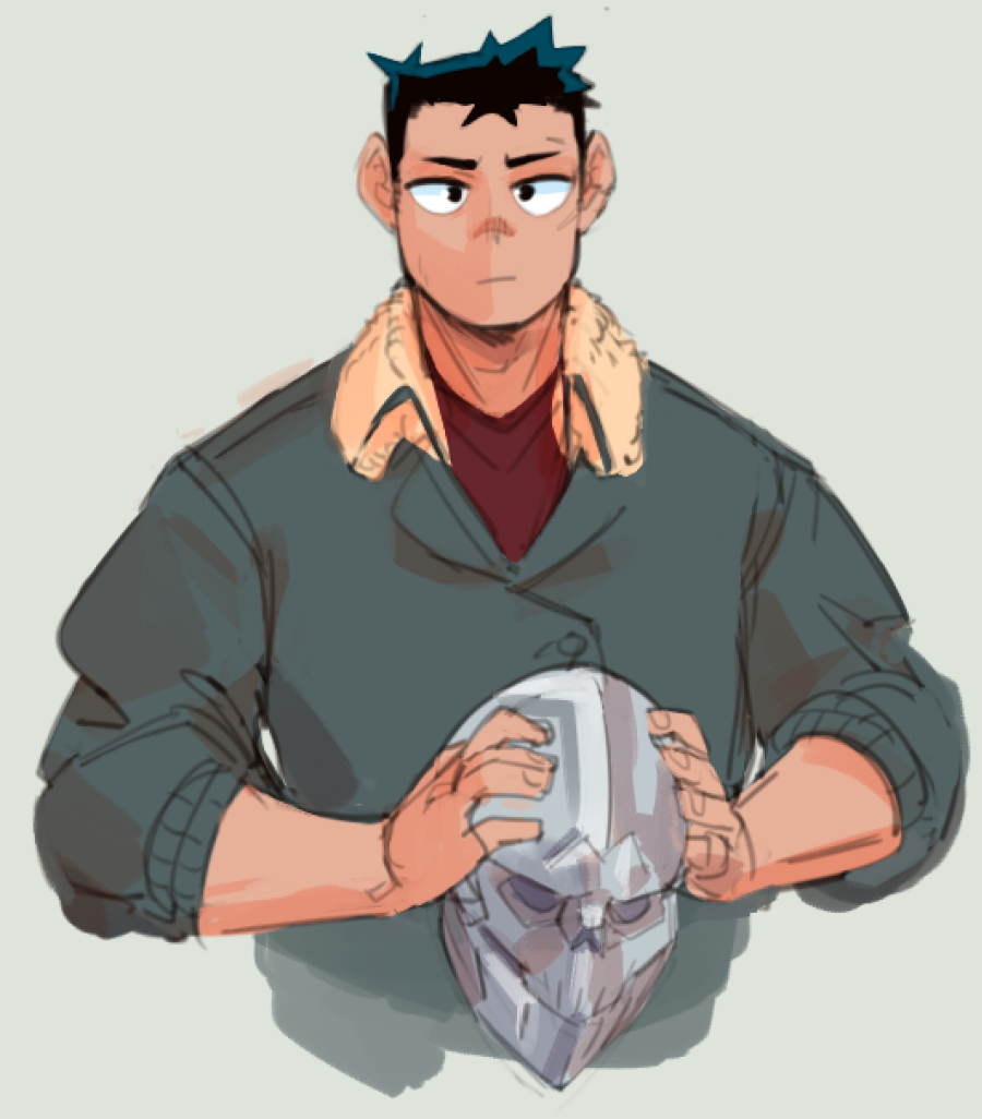 this is a digital illustration of an anime character. the character is a man with short, dark blue hair, wearing a gray jacket and a furry collar. he is holding a white mask in front of him, with one hand on top of the mask and the other hand holding the bottom of the mask.