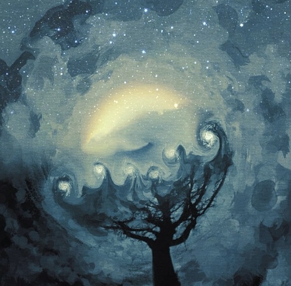 a painting of a silhouetted tree set against a mystical starry night sky with swirling clouds and a spirallike pattern above the tree. the overall mood is dark and artistic.