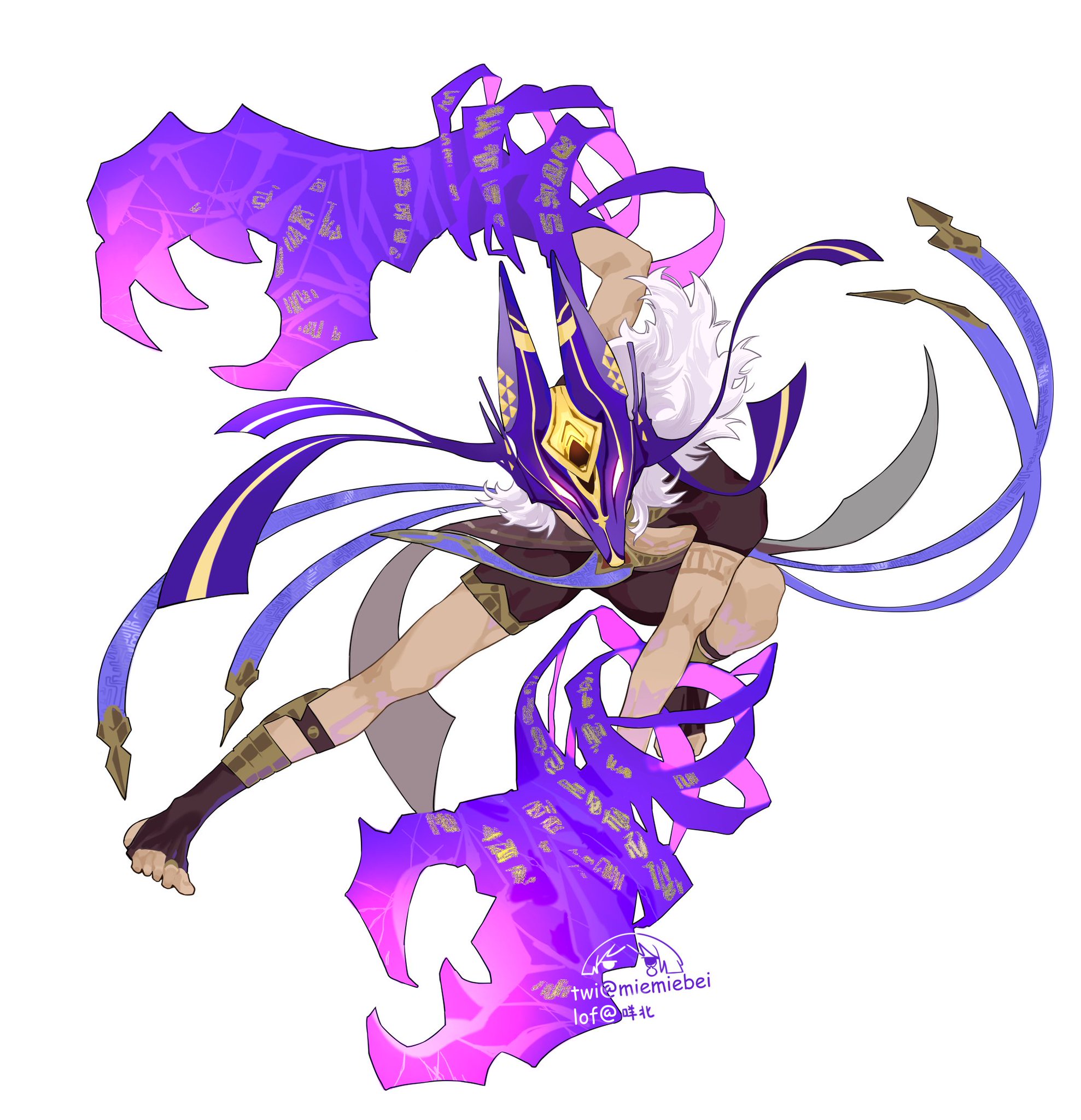 an anime character with purple hair and a purple and blue mask with a white collar and dark clothing stands in a dynamic pose with a purple and blue flowy garment swirling around them. the image is a digital illustration created in a vibrant and artistic style.