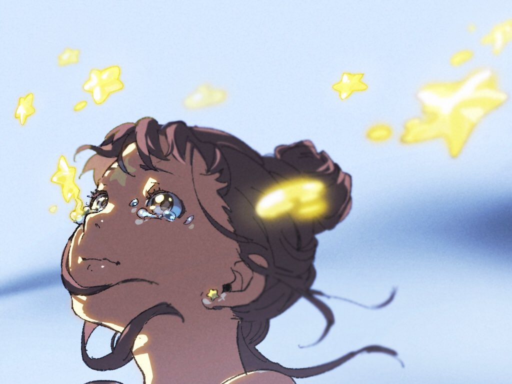 this animestyle illustration depicts a young woman with brown hair tied in a bun, her head tilted back as she gazes upwards. tears stream down her face, reflecting the blue sky.  surrounding her head are stylized yellow stars, some with a trailing sparkle effect. the overall palette is light and airy, with a focus on blues and yellows.